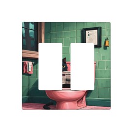 LuHuoLu Decorative Outlet Covers Funny Black Cat Newspaper Pink Toilet 2 Gang Wall Plate Double Rocker Two Switch Wall Cover Plate Jumbo Dual Gfci Faceplate for Bedroom Decor