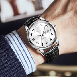 Taxau Men's Watches Black Leather Band Waterproof Watches for Men Large Wrist Luxury Dress Men's Wrist Watches Day Date Analog Quartz Easy Read Silver Face Men Watch