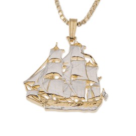 The Difference World Coin Jewelry USS Constitution Ship Pendant Hand Cut Medallion, 14 Karat Gold and Rhodium Plated, 1