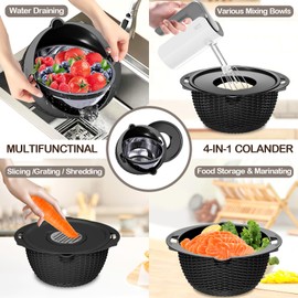 Colanders, 4-1 Colander with Mixing Bowls Set, Strainers for Kitchen, Food Strainers with Grater, Kitchen Gadgets Strainer Basket for Draining Pasta, Vegetable, Fruit & Veggie Washerl,Black