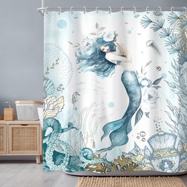 Newsely Mermaid Shower Curtain 72Wx72H Inch Nautical Blue Sea Ocean Octopus Coral Underwater Fish Seashell Jellyfish Shower Curtain Bathroom Set Teal Waterproof Bath Decoration Accessories Home Decor