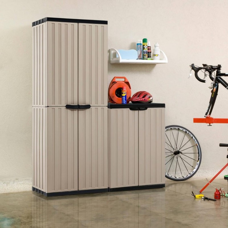 YOPIDO Garage Organizer Plastic Container, 2 Levels, Almond