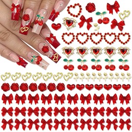 RODAKY 85PCS Red Heart Nail Charms Gold Cherry Bows Charm for Nails 3D Flowers Nail Art Jewels Valentine's Day Metal Heart Charms for Acrylic Nails Luxury Nail Rhinestone for Women Manicure