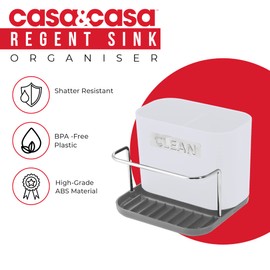 Casa & Casa Regent Sink Organiser with Suction Cups – Compact Kitchen Caddy for Sponges, Brushes & Cleaning Accessories – Durable ABS Material, Modern Design, Non-Slip Base (White/Grey)