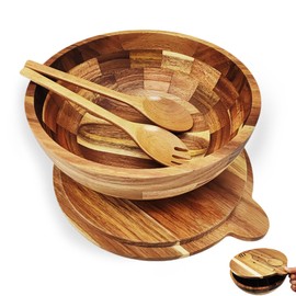 JOYMAY Salad Bowls Wood Salad Bowl Set with Lid Acacia Wood Serving Bowl for Fruits or Salads 10.5" Large Serving Bowl with Serving Utensils, 4 Piece Wooden Mixing Bowl Set for Kitchen, Picnic