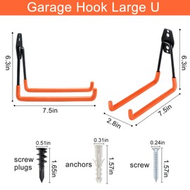Aoben Heavy Duty Steel Garage Storage Hooks, Utility Tool Hangers and Combinable Wall Mount Hooks for Organizing Ladder, Hold Chairs, Heavy Tools (Large U, 4 Pack)