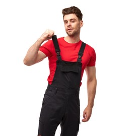 strongAnt Men's Stretch Work Dungarees with Knee Pad Pockets Black Grey White, Black / cotton elastane