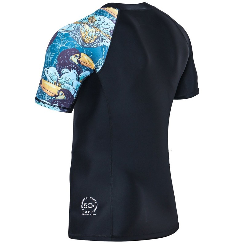 HUGE SPORTS Men's Splice Sun Protection Rash Guard Short Sleeves(HeyToucan,L)