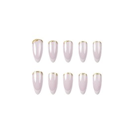SINHOT Almond Press on Nails Medium - Gold Bling GlitterFake Nails Glossy Glue on Nails White French Tip Acrylic Nail Supplies Stiletto Artificial Nail Art Stick on False Nails with Design DIY 24 pcs