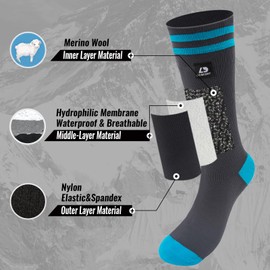 LEAKDRY Waterproof Socks,Mid Calf Socks,Merino Wool Thermal Ligthweight Breathable,Hiking,Cycling,Running,Skiing,Fishing (US, Alpha, Large, Regular, Regular, Blue/Black)