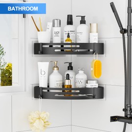 PNNP Shower Shelf No Drilling Corners: Shower Shelf Black Mat 2 Pieces - Bathroom Shelf with 4 Hooks Bathroom Organiser Rustproof for Shower Storage Shampoo and Shower Gel