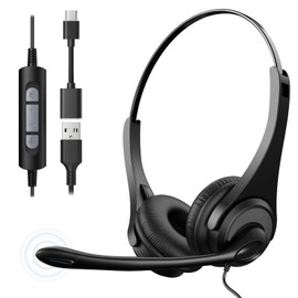 Voistek USB Headset with Microphone, Computer USB & Type-C Headphones with Noise Canceling Mic for PC Laptop Wired On-Ear Phone Headsets with Mute for Office, Call Center, Video Meeting, Chat