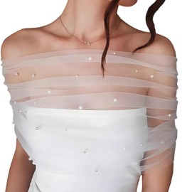 NICENEEDED White Tulle Bridal Scarf Pearls Bridal Cape Wedding Shoulderless Capelets Lace Scarf Women Bridal Wedding Tulle Stole
