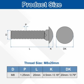 sourcing map 20Pcs Carriage Bolts, M8 x 20mm Stainless Steel 18-8 (304) Round Head Square Neck Screws Black Oxide Bolt Screw for Fastening Accessories - Black