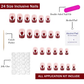 Valentines Press on Nails Medium Square OFDNE Wine Red French Tip Fake Nails False Nails with Designs Heart Glossy Glue on Nails Valentine's Day Stick on Nails for Women Girls 24 Pcs