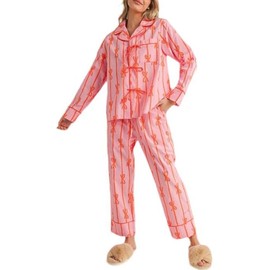 LILTWIST Cute Bow Tie Pajamas for Women Silk Satin Colorful Heart Bow Pjs Y2k Floral Long Sleeve Shirts and Ruffle Pants Sets