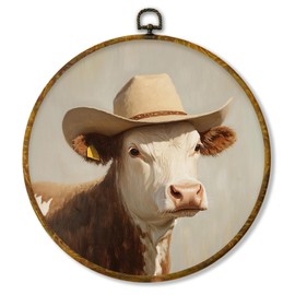 shiviody Vintage Cowboy Canvas Wall Art Decor, Retro Western Cow Wall Decor, Funny Animal Cowboy Hat Round Hanging Frame Prints Decorations for Bedroom Bathroom Boys Room 10"x10"