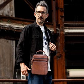 MANNUOSI Leder Umhängetasche Herren Schultertasche Herrentasche mit Abnehmbarem Schultergurt Vintage für Arbeit Reise Alltagsleben Braun C