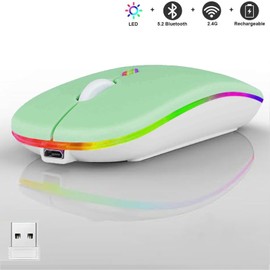 LED Wireless Mouse, Slim Silent Dual-Mode 2.4G+BT Rechargable 7-Color Mouse Portable Mobile Optical Office Mouse with USB Receiver, 3 Adjustable Levels for Notebook, PC, Computer, MacBook (Green)