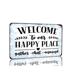 Welcome to Our Happy Place Sign Retro Vintage Metal Sign Relax Decor for Home Cafe Bar Club Deck Yard Room Wall Decor Art 8x12 inch