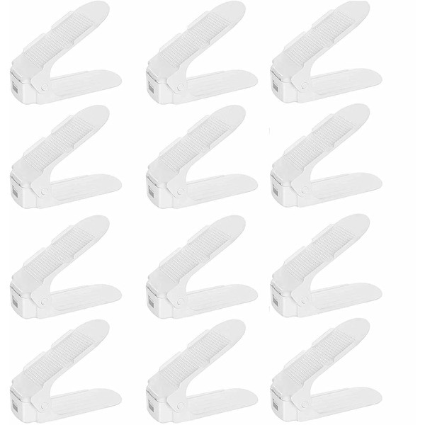 CruiseTech Pack of 12 Shoe Slots, Adjustable Shoe Racks, Shoe Stacker/Shoe Holder Set, 3 Height-adjustable, Space-saving, Non-slip, Plastic (White)