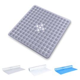 Oxford Homeware Shower Bath Mat Non Slip Anti Mould - Grey 53x53cm Square Shower Mat for Bathtub and Bathroom with Drain Holes and Strong Suction Cups Machine Washable Bath Mats