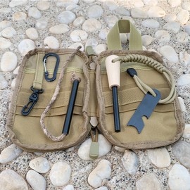 Fire Starter Survival Kit, Larger Ferro Rod with Striker Lanyard 3in Long Flint and Steel, 13.8in Wick Hemp Cord, Multifunctional Bag (Brown)