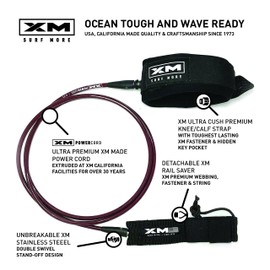 XM SURF MORE Knee/Calf Surfboard Leash 12ft., Regular Cord Thickness (.270 in.), Choose Length and Color, Key Pocket, Unbreakable Swivels, Detachable Railsaver, Made in USA