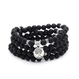 Handmade 108 Stone Mala Beads with Tree of Life Charm - Wear as Necklace or Bracelet (Lava)