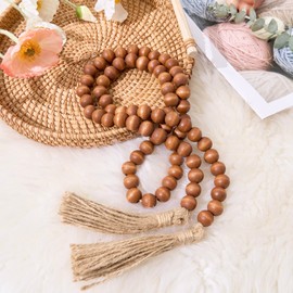 OMISHE 59in Wood Bead Garland with Tassels, Decorative Beads Decor, Farmhouse Wooden Beads Garland for Wall Hanging Home Festival Decor, Brown