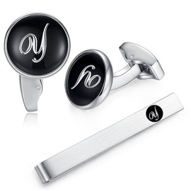 (Y) - HONEY BEAR Initial Alphabet Letter Cufflinks Tie Clip Set for Mens - Black Round Stainless Steel, for Business Wedding Gift A - Z