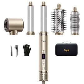 Tqcir 5-in-1 Professional Hot Air Styler, Powerful Multi-Styler with Auto-Wrap Curlers, Fast Drying Curling Straightening Volumizing Without Heat Damage, Storage Case for Girl/Women(Gold)