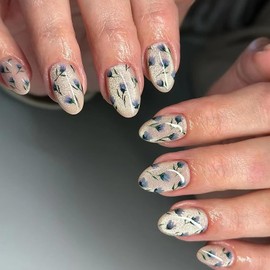 Press on Almond Nails French Glossy Full Cover Acrylic False Nails Almond Medium Length Artificial Fake Nails Almond with Designs Glue on Almond Nails with Charm Stick on Fingernails for Women(W1550)