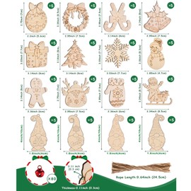 80 Pcs Wooden Christmas Ornaments Unfinished Wood Slices, Wooden Christmas Tree Hanging Ornaments for DIY Art Craft with 16 Styles, DIY Wood Crafts Hanging Xmas Decorations Kit