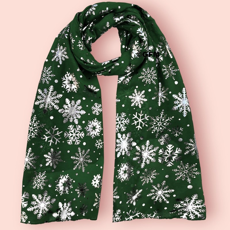 GFM® Christmas Snowflakes Foil Print Scarf - Green - (AT-SNFLK-656-HR)