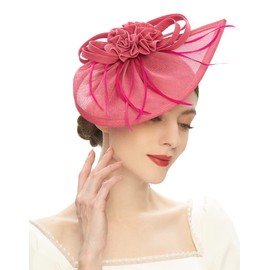 Pillbox Hats 20s 50s Vintage Fascinators for Women with Feather Mesh Veil Headband Bridal Wedding Tea Party (F-Rose)