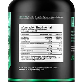 Espirulina Orgnica de 150 Cpsulas 500 mg. Ingredientes naturales Alga Espirulina. Organic Spirulina B Life.                                           
