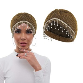 Bohend Flower Rhinestone Turban Cap Vintage Pearl Headwarp Beanie Pre Tied Pleated Bonnet Women Brooch Feather Head Cover Hat (Polyester, Gold 1)