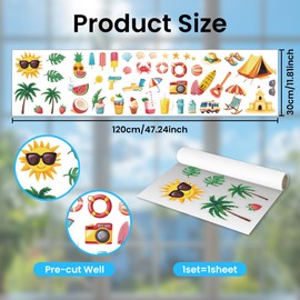 ANATTASOUL Summer Static Window Clings Beach Elements 1 Sheet Reusable Window Decals for Glass, 47.24" x 11.8" Removable Double Sided Window Sticker for Room Office Home Decoration