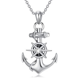 SHINYKEND Anchor Necklace for Women Men, S925 Sterling Silver Nautical Anchor Compass Pendant Necklaces with Moissanite for Women Her He 18+2" (White)