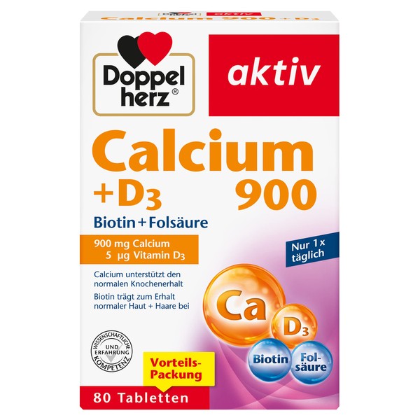 Doppelherz Calcium 900 + D3 + Biotin + Folic Acid - Calcium contributes to normal bone maintenance and normal muscle function - 80 tablets