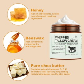 BUTBU Beef Tallow Skin Care, 120g Tallow and Honey Balm, Natural Organic Grass-Fed tallow Face Cream, Deeply Nourishing Hydration Moisturizer for Face, Body and Dry Skin