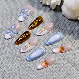 Handmade Press-On Nails French Tip Press-On Nails Handcrafted 3D Floral Amber Design Nails Reusable Hand-Painted Nails Including Tool Kit 10 Pieces (SHN08-S, S)