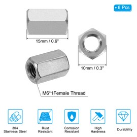 PATIKIL M6 x 1-Pitch 304 Stainless Steel Hex Coupling Nuts, 6Pcs 15mm/ 0.6" Length Coarse Fully Threaded Rod Coupling Nut Studding Connector Fasteners, Silver Tone
