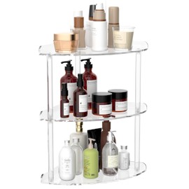 Sezanrpt 3 Tier Acrylic Corner Shelf Organizer Storage 9.5x9.5x15.7 Inch, Transparent Countertop Corner Shelf for Bathroom, Kitchen, Bedroom, Office, Study Room