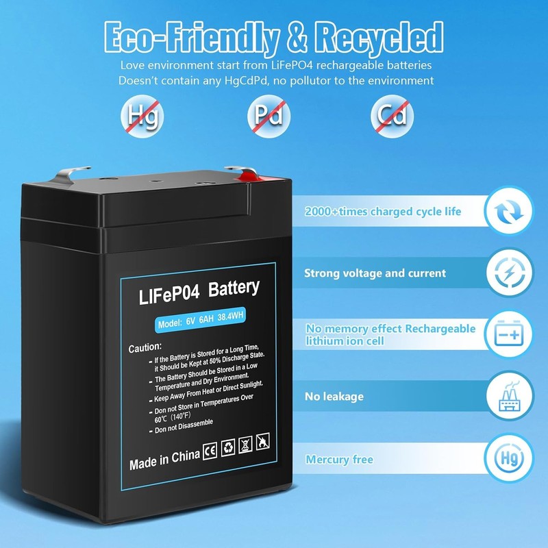 Upgraded Rechargeable 6V 6Ah LiFePO4 Battery with USB Charge Design,