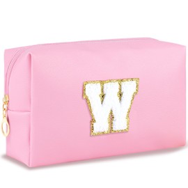 URSKYTOUS Initial Preppy Makeup Bag for Women Travel Large Cosmetic Bag Cute Pink Makeup Pouch for Purse Zippered Toiletry Bag Organizer PU Leather Aesthetic Makeup Brushes Storage Bag Makeup Case, W