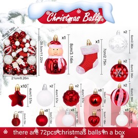 HidWee Pack of 72 Christmas Baubles Plastic Set Red White Classic Christmas Tree Baubles Decoration Christmas Tree Decoration Set with Hanger Shatterproof Christmas Decoration Indoor Outdoor