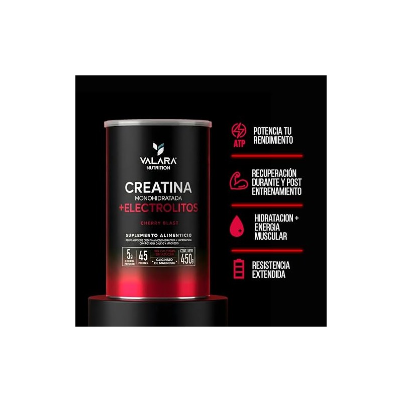 VALARA Creatina Monohidratada Adicionado Con Electrolitos En Polvo Cereza