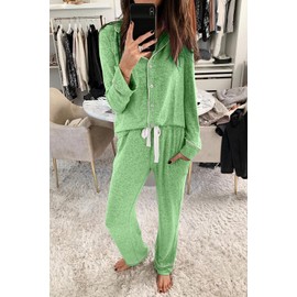 Aamikast Women's Two-piece Classic knit Pajama Sets Long Sleeve Button Down Sleepwear (X-Large, Lake Green)
